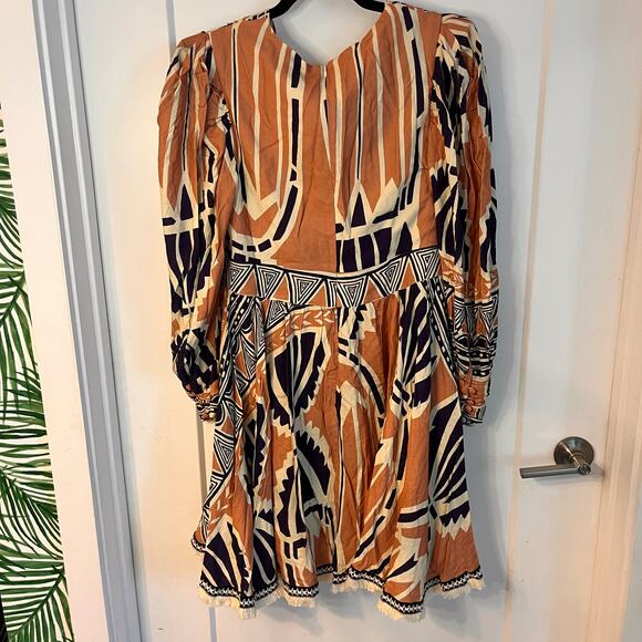 NWT Patbo Orange & Black Geometric Pattern Fringe Trim Mini Dress Size 8 - Picture 2 of 8